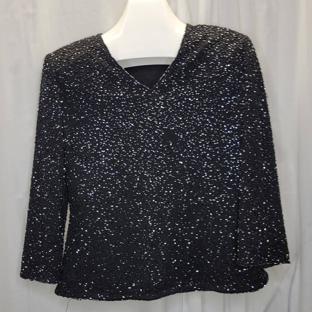 Brilliante by J.A. Black Beaded Event Top - 3/4 Sleeves, V-Neck, L